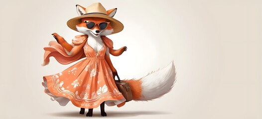 This fox wears a breezy summer dress with a wide-brimmed hat and sunglasses, exploring new destinations and soaking up the sights