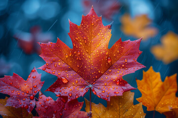 Detailed view of a leaf covered in water droplets autumn fall 