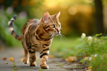 Bengal cat forest walking. Spotted kitty. Generate Ai