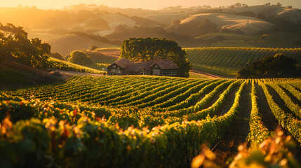 A photo featuring a picturesque vineyard bathed in golden sunlight. Highlighting the neat rows of...