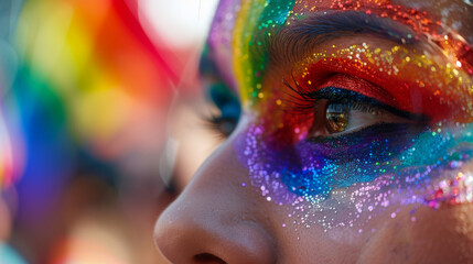 A striking close-up of a face featuring intricate makeup in vibrant pride colors, focusing on the detailed work around the eyes and lips, set against a soft, out-of-focus backdrop of a crowded parade,