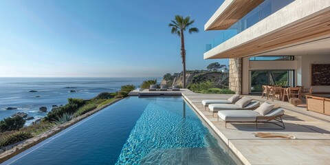 Fototapeta premium Oceanfront Oasis: Vintage Villa Providing Unforgettable Seaside Views and Relaxing Poolside Lounge