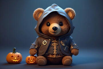 A teddy bear is wearing an orange hoodie and sitting in front of two pumpkins