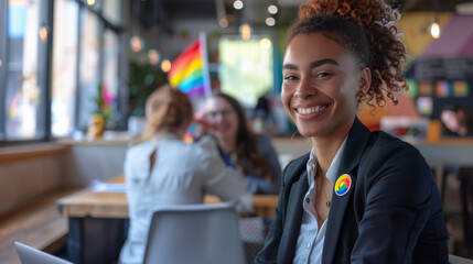A subtle scene at a modern open office space where a young professional woman wearing a rainbow pin on her blazer is working on a laptop, casually chatting with a diverse group of colleagues, the back