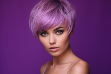 Naklejka premium Closeup studio portrait of a beautiful young model with an extremely close-cropped haircut. She is standing against a bright pink wall. 