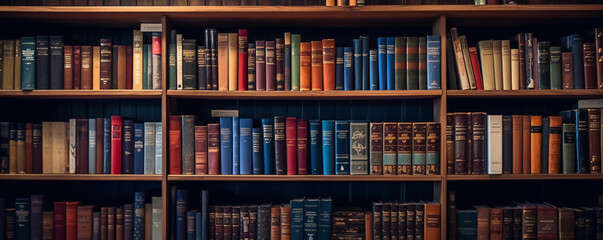 Bookshelves with various books in a library, generated ai