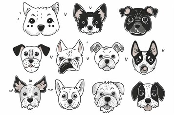 cute funny dogs faces doodle set hand drawn pets of various breeds