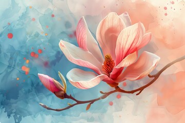 With each stroke, the Magnolia flower comes alive in watercolor, its delicate features and ethereal beauty inviting viewers to linger in the tranquility of its presence.