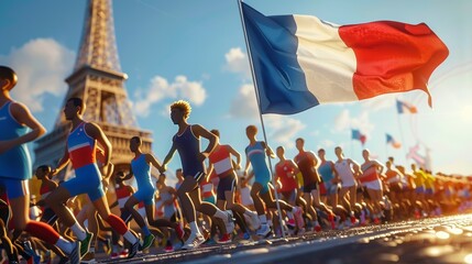 games 2024 in Paris France. Athletes running, sports event, French flag and Eiffel tower background	