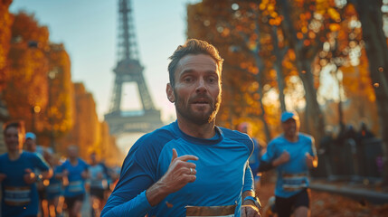 Olympic games 2024 in Paris France. Athletes running, sports event, Eiffel tower background