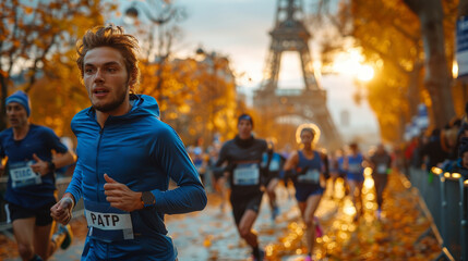 Olympic games 2024 in Paris France. Athletes running, sports event, Eiffel tower background