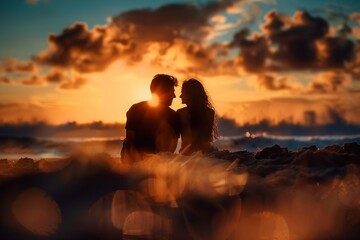 Couple Sitting on Beach Watching Sunset