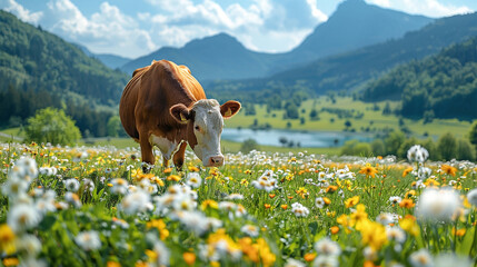Cow Standing in Flower Field