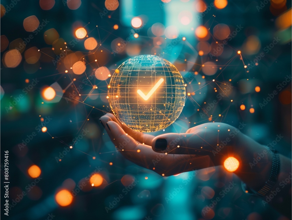 Poster hand holding a glowing digital sphere with a check mark icon inside. surrounded by glowing light par