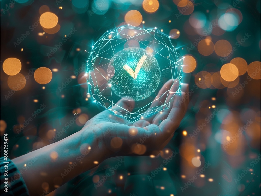 Poster hand holding a glowing digital sphere with a check mark icon inside. surrounded by glowing light par