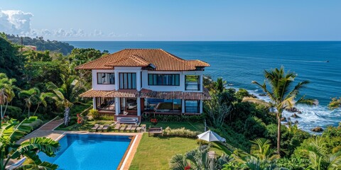 Fototapeta premium Seaside Grandeur: Vintage Villa with Majestic Ocean Views and Elegant Interior Lounge
