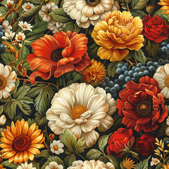 A painting depicting a variety of flowers placed on a table