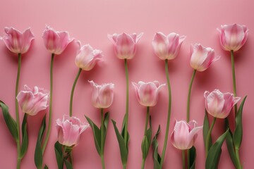 delicate pink tulips arranged in flat lay composition on pink background floral still life concept illustration