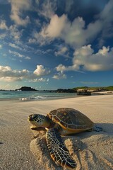 Small Turtle on Sandy Beach by the Ocean