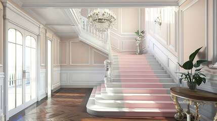 Classic entrance hall with a pastel pink staircase white wainscoting and a crystal chandelier capturing a soft luxurious feel