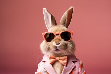 Stylish portrait of dressed up anthropomorphic bunny wearing glasses and suit on vibrant pink background with copy space. Funny pop art animal illustration.