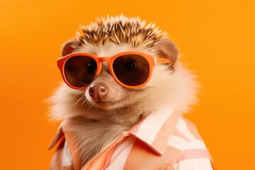 Fototapeta premium Stylish portrait of dressed up imposing anthropomorphic handsome hedgehog wearing glasses and suit on vibrant orange background with copy space. Funny illustration.