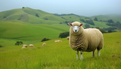Fototapeta premium Solitary Sheep on Rolling Green Hills in Serene Landscape