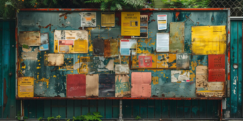 Wall filled with various colored papers in a college notice board