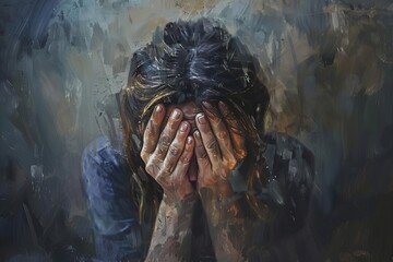 distressed woman covering face with hands emotional pain sadness despair mental health digital painting