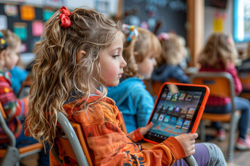 A young female child sitting in a chair while engaging with a tablet device