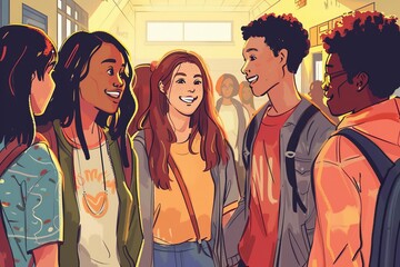 diverse high school students happily chatting in busy hallway teenage friendship illustration aigenerated art