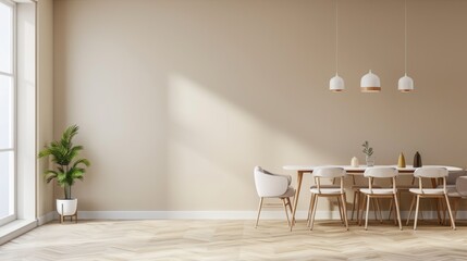 A large, empty room with a white wall and a white table with white chairs