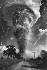 A black and white tornado spiraling violently through the sky