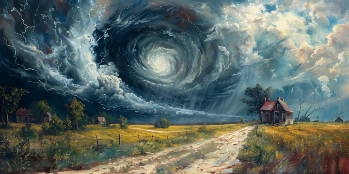 Tornado painting depicting a storm rolling in from the sky with dark clouds and turbulent winds