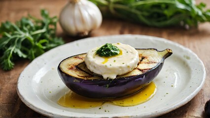 A healthy breakfast plate with amayonnaise, garlic, greens, half a grilled eggplant,olive oil