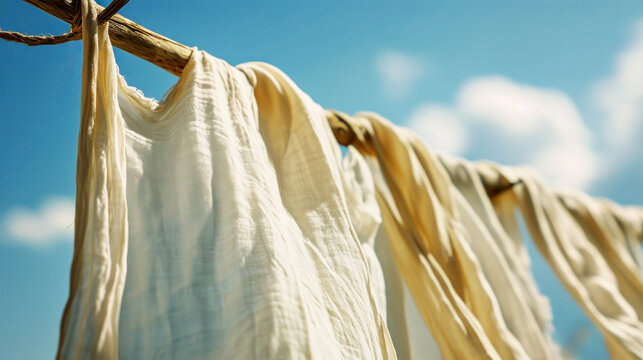 A joyful line of laundry, including towels, shirts, and pants, hanging on a clothesline in a backyard on a sunny day
