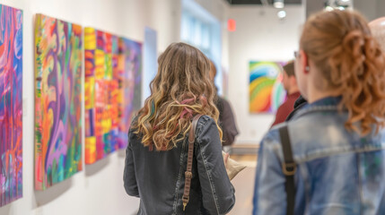An art gallery opening featuring LGBTQ+ artists, colorful artworks on display, attendees mingling, creative and expressive, photography, captured with a soft-focus background to highlight the artwork,