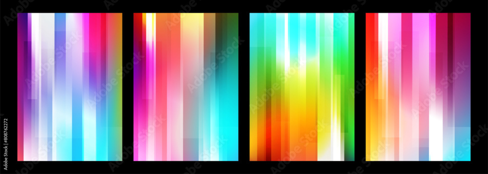 Poster Defocused bright colored abstract backgrounds with vertical dynamic lines. Futuristic blurred vibrant color gradients for creative graphic design. Vector illustration.