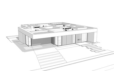 3d rendering of new concrete house in modern style with pool and parking for sale or rent and beautiful landscaping on background.  Black line sketch with soft light shadows on white background.