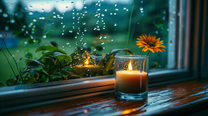 Rainy Day Window: Raindrops Adorning Glass Pane, Creating a Moody Atmosphere