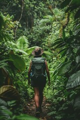 person with a backpack walking through dense jungle foliage.