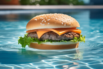 A burger with beef patty and double cheese floats in the blue water of the hotel's pool. Hotel services and meals during the holidays