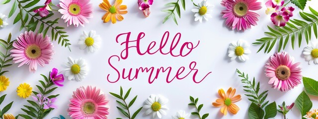Abstract background with flowers frame around. Hello Summer -  modern calligraphy lettering. Summer concept background.