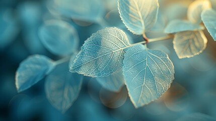 Delicate Skeleton Leaves Close-up, Soft Blue and Light Green Tones, Natural Texture in High Definition, Static Composition with Blurred Foreground