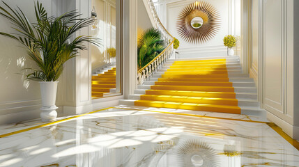 Sunny yellow staircase in a bright luxury entrance hall with white marble floors and a large sunburst mirror - Powered by Adobe