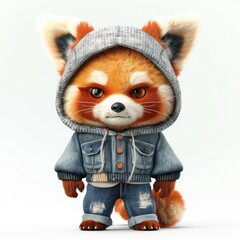Funny 3d cartoon little red panda wearing denim clothes close up isolated on white...
