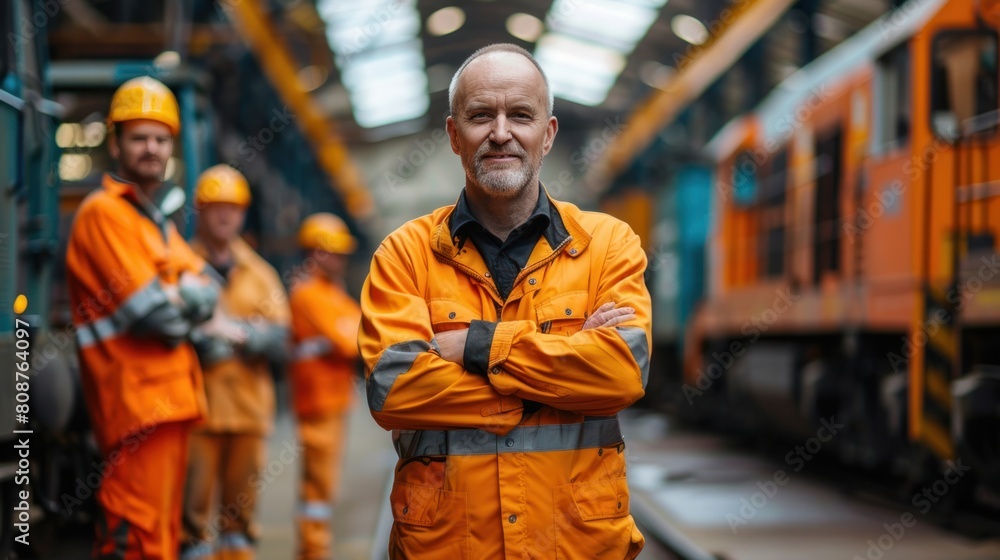 Poster portrait of senior manager and engineers standing together in railway workshop. maintenance supervis