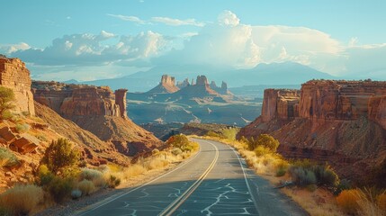 Middle of the road viewpoint with sandstone rock formations on either side of modern asphalt transportation route.