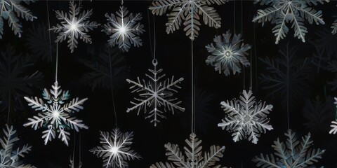 snowflakes hanging on strings, their sparkling crystalline shapes