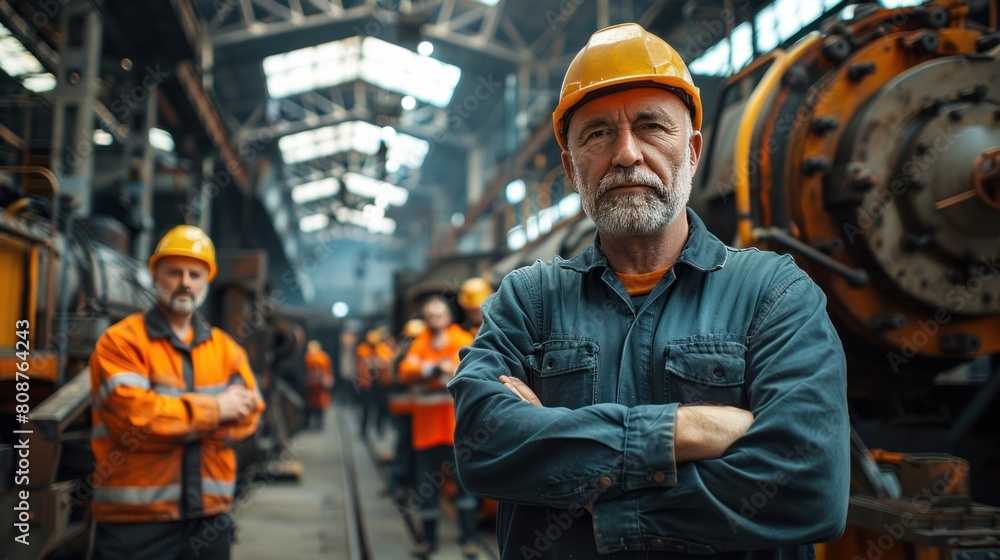 Poster portrait of senior manager and engineers standing together in railway workshop. maintenance supervis